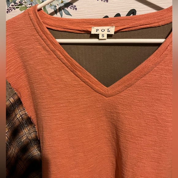 POL Orange and Brown Plaid V-Neck Patchwork Top - Picture 2 of 5